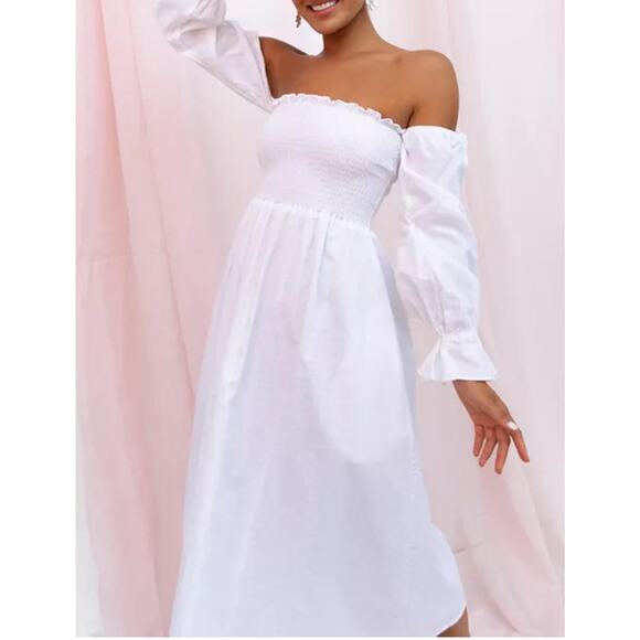 Petal and Pup Size Medium Off Shoulder Long Sleeve White Midi Dress Bridal - Picture 4 of 16